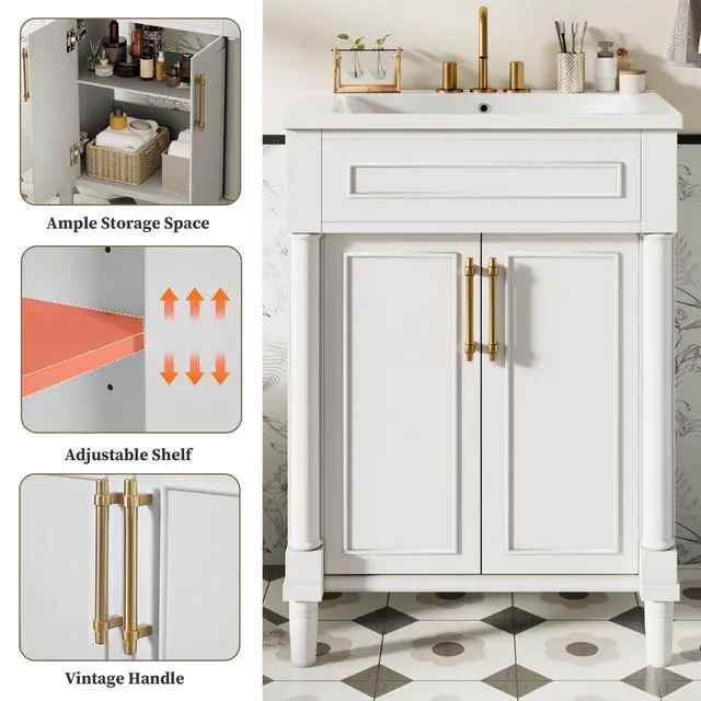 Alt view image 5 of 6 - 24 Inch White Bathroom Vanity with Sink,Vintage Bathroom Vanity with Adjustable Shelf & Storage Cabinet,2 Soft Closing Doors with Gold Handles,Solid Pine Wood Frame(11K)