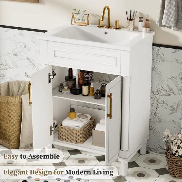Alt view image 6 of 6 - 24 Inch White Bathroom Vanity with Sink,Vintage Bathroom Vanity with Adjustable Shelf & Storage Cabinet,2 Soft Closing Doors with Gold Handles,Solid Pine Wood Frame(11K)
