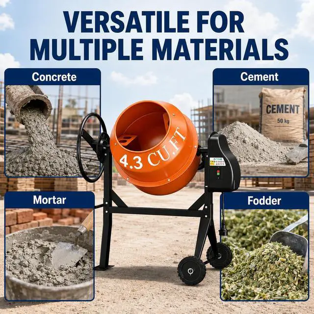 Alt view image 2 of 6 - Electric Cement Mixer, 4.3 Cu.Ft.450W Portable Concrete Mixer Machine with Wheels & Stand Steel for Stucco, Mortar, Feed Mixing, Farm Use, Orange