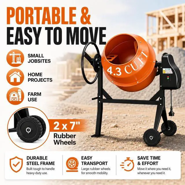 Alt view image 3 of 6 - Electric Cement Mixer, 4.3 Cu.Ft.450W Portable Concrete Mixer Machine with Wheels & Stand Steel for Stucco, Mortar, Feed Mixing, Farm Use, Orange