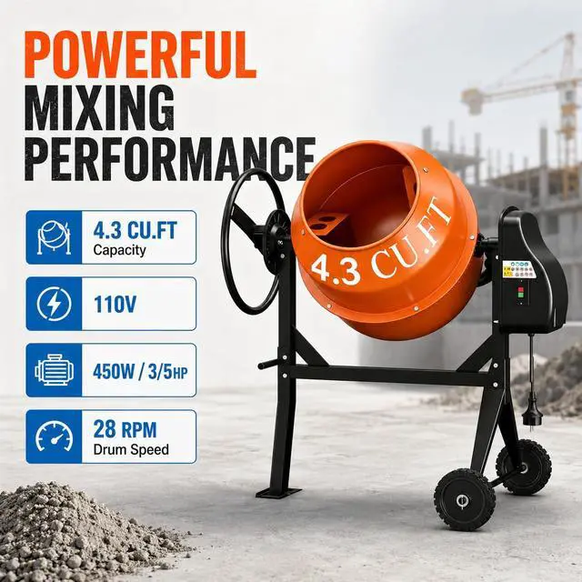 Alt view image 4 of 6 - Electric Cement Mixer, 4.3 Cu.Ft.450W Portable Concrete Mixer Machine with Wheels & Stand Steel for Stucco, Mortar, Feed Mixing, Farm Use, Orange