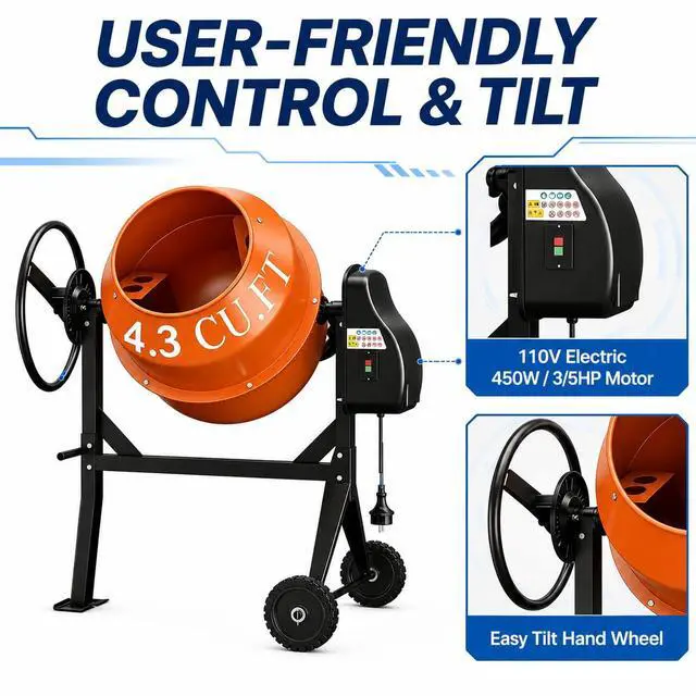 Alt view image 5 of 6 - Electric Cement Mixer, 4.3 Cu.Ft.450W Portable Concrete Mixer Machine with Wheels & Stand Steel for Stucco, Mortar, Feed Mixing, Farm Use, Orange