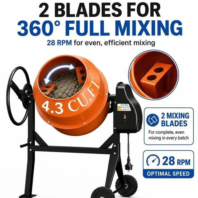 Alt view image 6 of 6 - Electric Cement Mixer, 4.3 Cu.Ft.450W Portable Concrete Mixer Machine with Wheels & Stand Steel for Stucco, Mortar, Feed Mixing, Farm Use, Orange