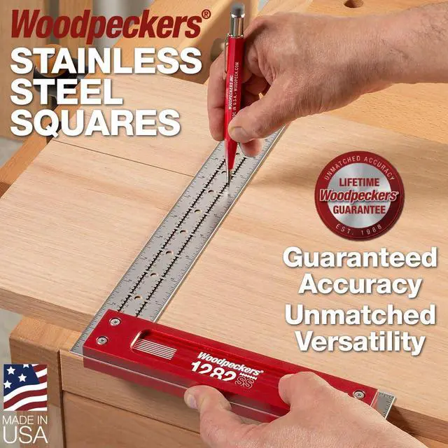 Alt view image 2 of 6 - Precision Woodworking Square, 12 Inch, Stainless Steel, USA Made, Feature Packed Square, Self Standing, Shoulder Lip, Scribing Notches