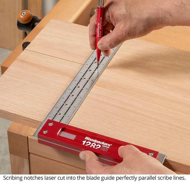Alt view image 6 of 6 - Precision Woodworking Square, 12 Inch, Stainless Steel, USA Made, Feature Packed Square, Self Standing, Shoulder Lip, Scribing Notches