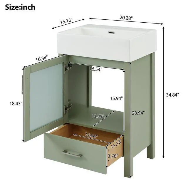 Alt view image 2 of 6 - 20 Inch Bathroom Vanity with Ceramic Sink and Ample Storage,Ideal for Small Bathrooms,Green