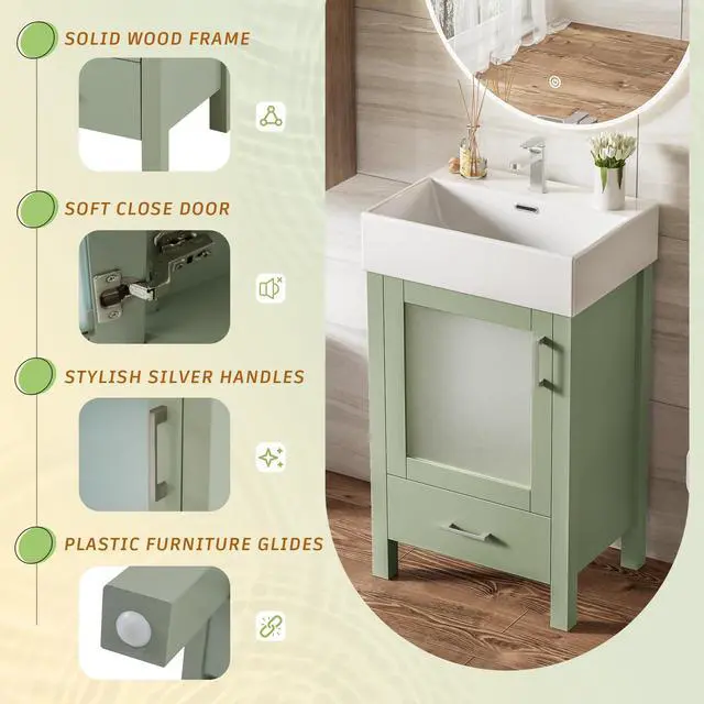 Alt view image 3 of 6 - 20 Inch Bathroom Vanity with Ceramic Sink and Ample Storage,Ideal for Small Bathrooms,Green