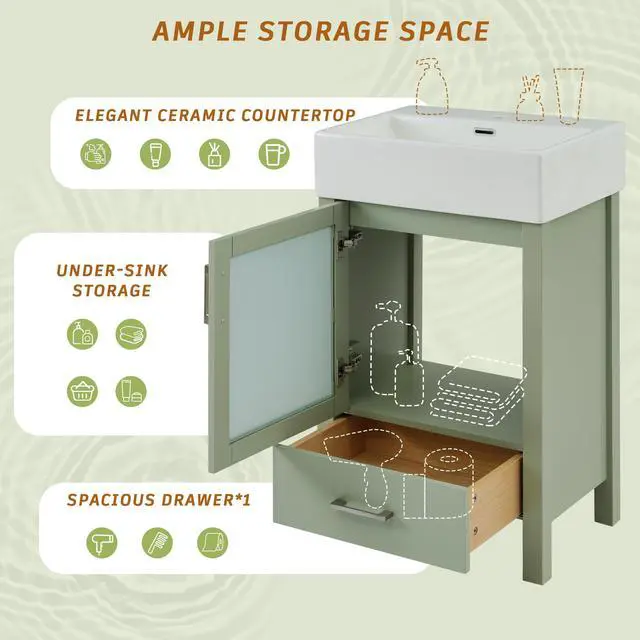 Alt view image 4 of 6 - 20 Inch Bathroom Vanity with Ceramic Sink and Ample Storage,Ideal for Small Bathrooms,Green