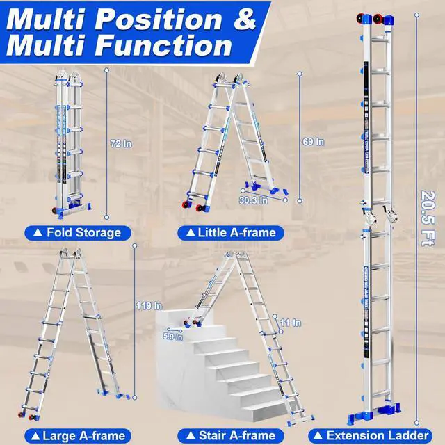 Alt view image 2 of 6 - 20FT A Frame Extension Ladder, 3-Step Ladder with Stabilizer Bar & Rolling Wheels, 330 LBS Heavy Duty, Multi-Use Ladder for Stairs Home Roof Indoor Outdoor Projects(Blue)