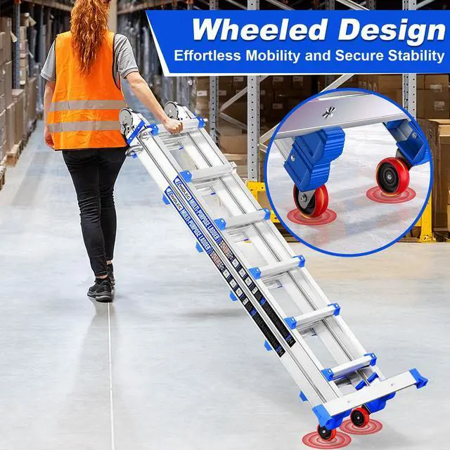 Alt view image 4 of 6 - 20FT A Frame Extension Ladder, 3-Step Ladder with Stabilizer Bar & Rolling Wheels, 330 LBS Heavy Duty, Multi-Use Ladder for Stairs Home Roof Indoor Outdoor Projects(Blue)