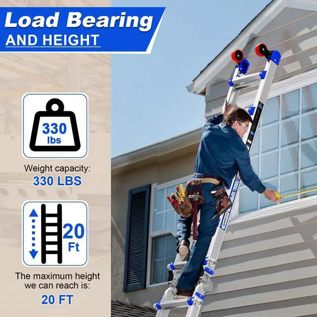 Alt view image 6 of 6 - 20FT A Frame Extension Ladder, 3-Step Ladder with Stabilizer Bar & Rolling Wheels, 330 LBS Heavy Duty, Multi-Use Ladder for Stairs Home Roof Indoor Outdoor Projects(Blue)