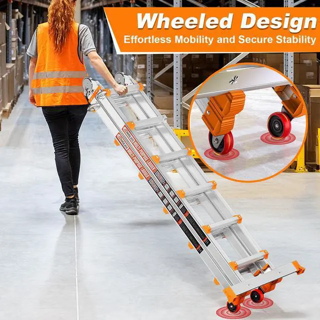 Alt view image 4 of 6 - 20FT A Frame Extension Ladder, 3-Step Ladder with Stabilizer Bar & Rolling Wheels, 330 LBS Heavy Duty, Multi-Use Ladder for Stairs Home Roof Indoor Outdoor Projects(Orange)
