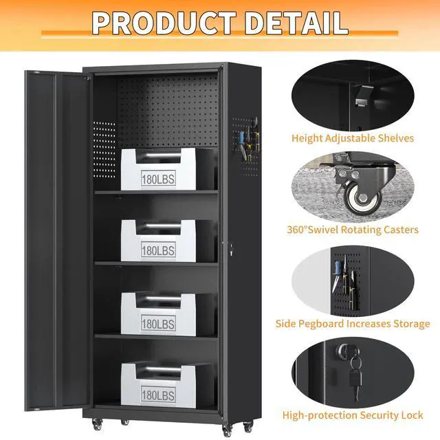 Alt view image 4 of 6 - Metal Garage Storage Cabinet with Wheels, 71"H Tool Storage Cabinet with Doors and Adjustable Shelves, Locking Garage Cabinets and Storage System for Utility Home, Warehouse, Workshop, Basement