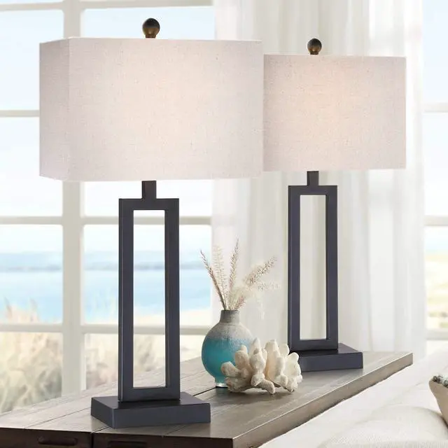 Alt view image 2 of 6 - Aston Modern Industrial Table Lamps 26" High Set of 2 Rich Black Open Rectangular Metal Base Off-White Fabric Shade for Living Room Bedroom House Bedside Nightstand Home Office