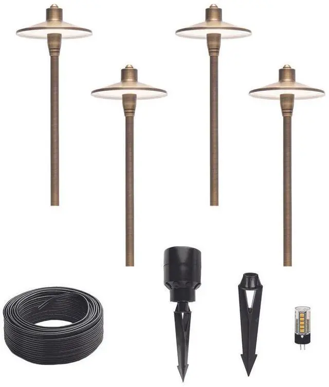 Main image of G2 12V Brass Path Light 4-Pack Kit (Bronze) with 3W 2700K Warm White G4 LED Bulbs for Low Voltage Landscape Lighting on Outdoor Pathway, Walkway, Garden, Driveway or Patio