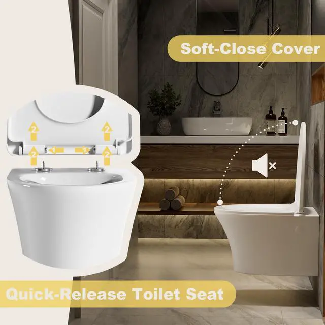 Alt view image 5 of 6 - Elongated Wall Hung Toilet Bowl Only, Wall Mount Toilet Bowl With Soft-Close Seat,Easy Cleaning, Modern Style, Included Mounting Kit