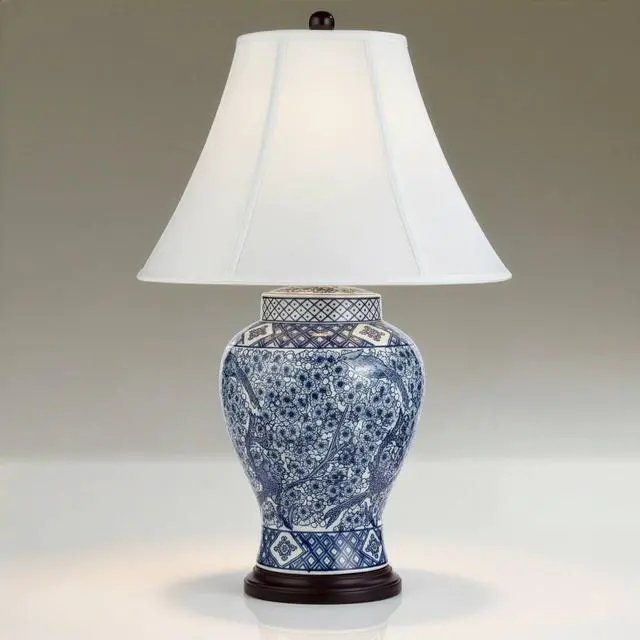 Main image of Shonna Traditional Asian Style Jar Table Lamp with Dimmer and USB Charging Port 27" Tall Blue White Floral Porcelain Flared Bell Shade for Cottage Core Living Room Bedroom House