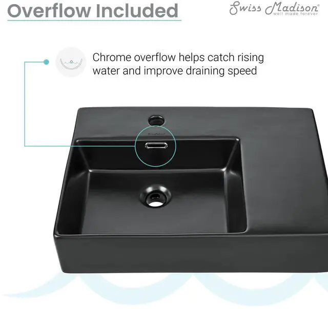 Alt view image 3 of 6 - St. Tropez 24 x 18 Ceramic Wall Hung Sink with Left Side Faucet Mount, Matte Black