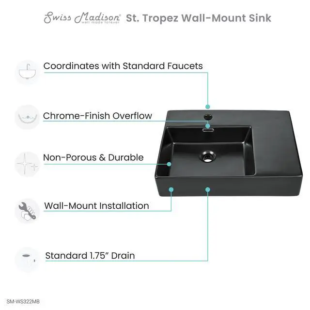 Alt view image 5 of 6 - St. Tropez 24 x 18 Ceramic Wall Hung Sink with Left Side Faucet Mount, Matte Black