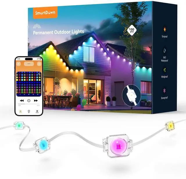 Main image of Permanent Outdoor Lights, 100FT 64 Bulbs RGB LED Outdoor String Lights, DIY Scene Mode, IP68 Waterproof Christmas Lights for Daily Decor, House Roof, Holiday Decorations, Outside