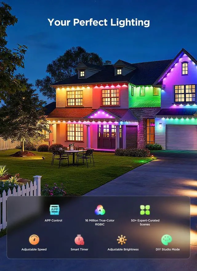 Alt view image 2 of 6 - Permanent Outdoor Lights, 100FT 64 Bulbs RGB LED Outdoor String Lights, DIY Scene Mode, IP68 Waterproof Christmas Lights for Daily Decor, House Roof, Holiday Decorations, Outside