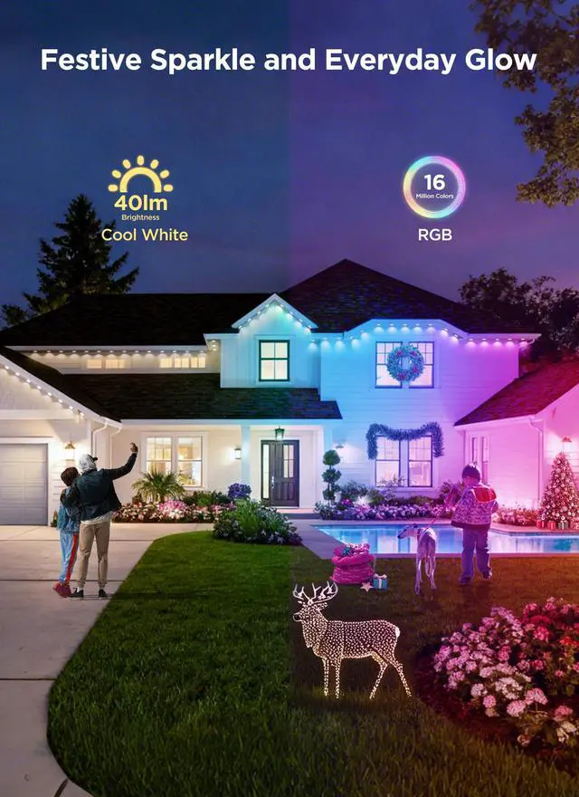 Alt view image 3 of 6 - Permanent Outdoor Lights, 100FT 64 Bulbs RGB LED Outdoor String Lights, DIY Scene Mode, IP68 Waterproof Christmas Lights for Daily Decor, House Roof, Holiday Decorations, Outside