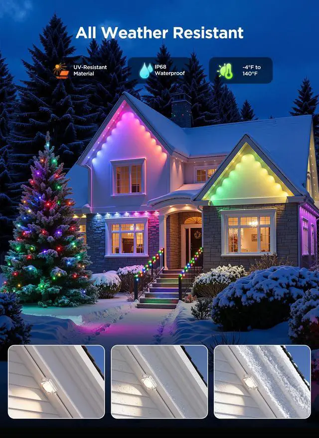Alt view image 4 of 6 - Permanent Outdoor Lights, 100FT 64 Bulbs RGB LED Outdoor String Lights, DIY Scene Mode, IP68 Waterproof Christmas Lights for Daily Decor, House Roof, Holiday Decorations, Outside