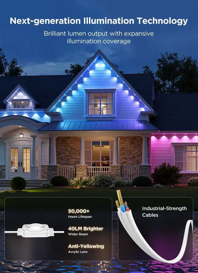 Alt view image 5 of 6 - Permanent Outdoor Lights, 100FT 64 Bulbs RGB LED Outdoor String Lights, DIY Scene Mode, IP68 Waterproof Christmas Lights for Daily Decor, House Roof, Holiday Decorations, Outside