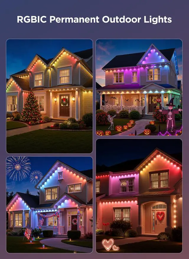 Alt view image 6 of 6 - Permanent Outdoor Lights, 100FT 64 Bulbs RGB LED Outdoor String Lights, DIY Scene Mode, IP68 Waterproof Christmas Lights for Daily Decor, House Roof, Holiday Decorations, Outside