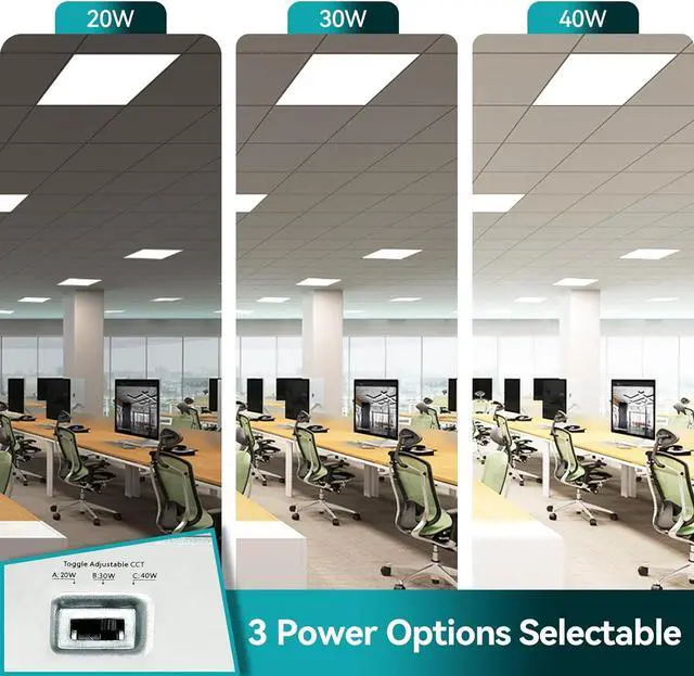 Alt view image 6 of 6 - 2-Pack 2x2 LED Flat Panel Light with Emergency Battery Backup, 90-Min Emergency Mode at 8W, 20W/30W/40W Wattage Switchable, 3000K/4000K/5000K Selectable, 100-277V, 0-10V Dimmable, UL & ETL