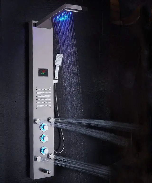 Alt view image 2 of 6 - LED Rainfall Waterfall Shower Head Rain Massage System with Body Jets, Stainless Steel Bathroom Shower Panel Tower System, Brushed Nickel