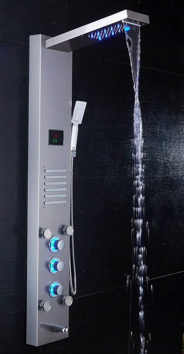 Alt view image 3 of 6 - LED Rainfall Waterfall Shower Head Rain Massage System with Body Jets, Stainless Steel Bathroom Shower Panel Tower System, Brushed Nickel