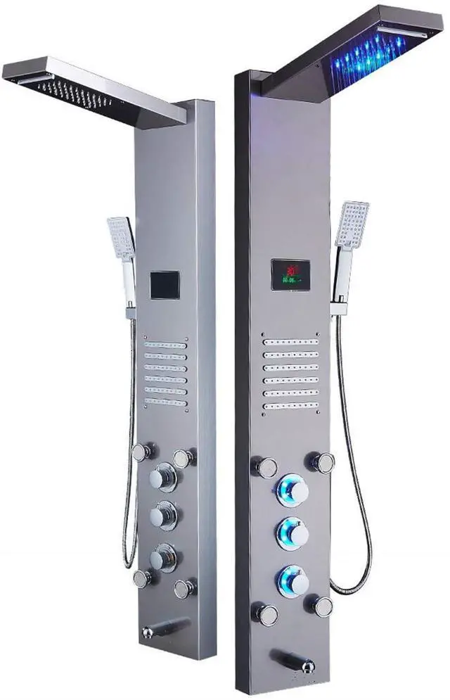 Alt view image 6 of 6 - LED Rainfall Waterfall Shower Head Rain Massage System with Body Jets, Stainless Steel Bathroom Shower Panel Tower System, Brushed Nickel