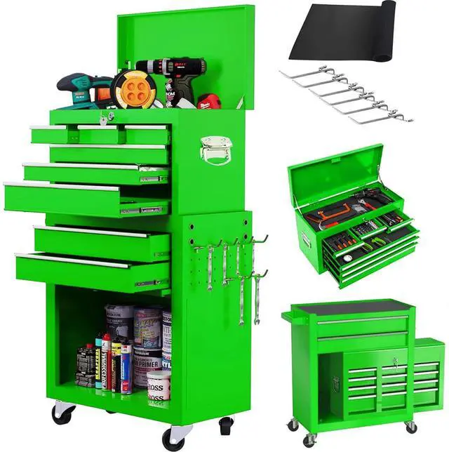 Main image of 8-Drawer Rolling Tool Chest 2-in-1 Lockable Tool Box with Wheels, Sliding Drawers & Detachable Top Garage & Workshop Storage Cabinet, Green