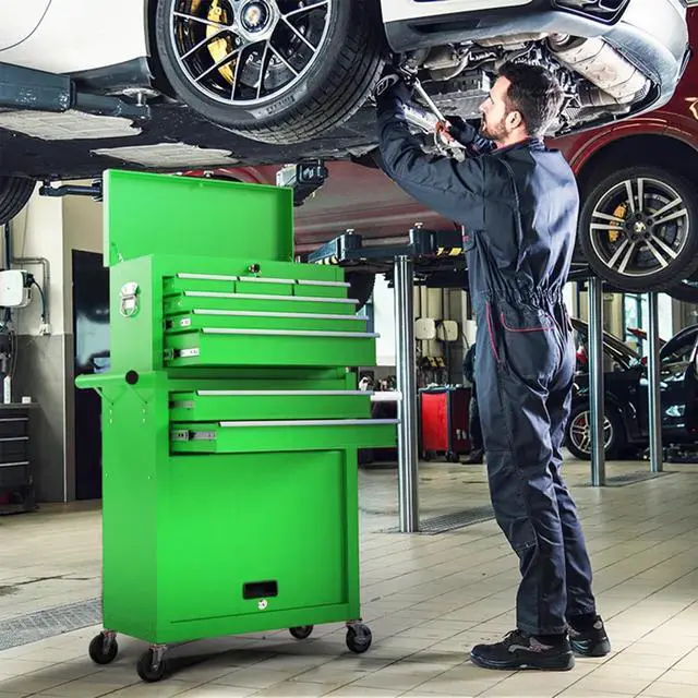 Alt view image 2 of 6 - 8-Drawer Rolling Tool Chest 2-in-1 Lockable Tool Box with Wheels, Sliding Drawers & Detachable Top Garage & Workshop Storage Cabinet, Green