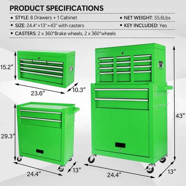Alt view image 3 of 6 - 8-Drawer Rolling Tool Chest 2-in-1 Lockable Tool Box with Wheels, Sliding Drawers & Detachable Top Garage & Workshop Storage Cabinet, Green