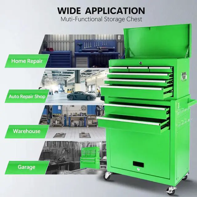 Alt view image 4 of 6 - 8-Drawer Rolling Tool Chest 2-in-1 Lockable Tool Box with Wheels, Sliding Drawers & Detachable Top Garage & Workshop Storage Cabinet, Green