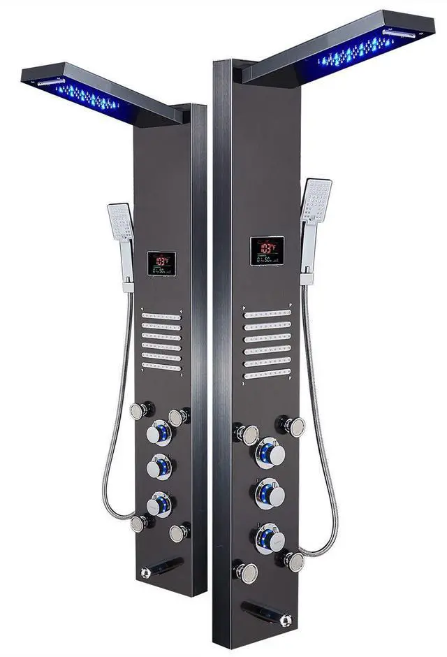 Main image of LED Shower Panel Tower System, Hydroelectricity Display Rain Massage with Jets, Brushed Black