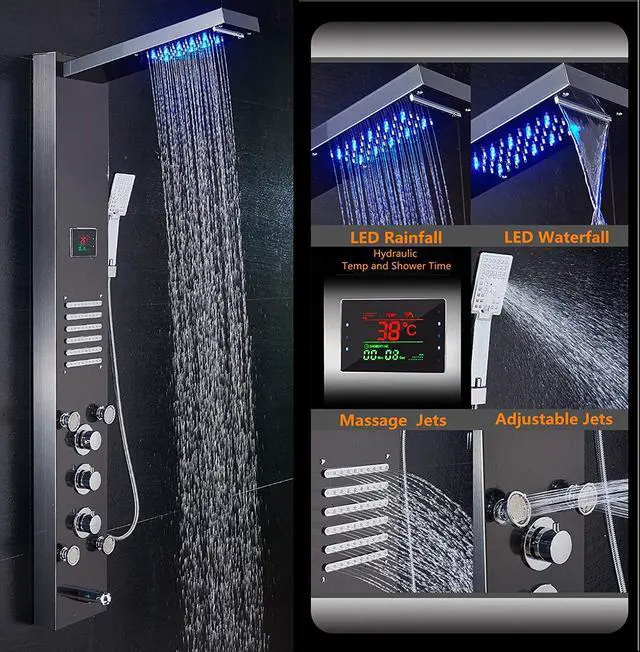 Alt view image 2 of 6 - LED Shower Panel Tower System, Hydroelectricity Display Rain Massage with Jets, Brushed Black