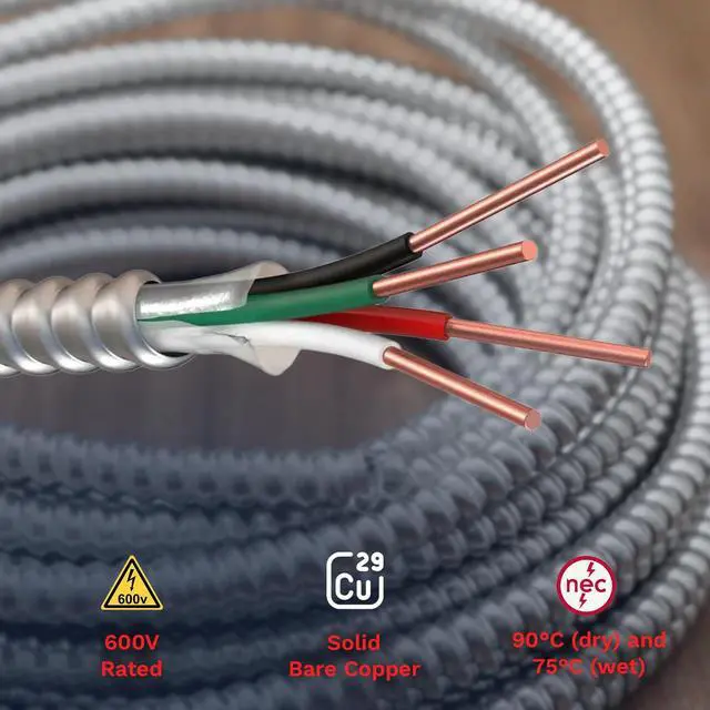 Alt view image 4 of 6 - Solid Metal Clad 12/3 Cable with Ground Wire 250 Feet - MC Aluminium Armor and Stranded Copper Conductor (250ft Cut)