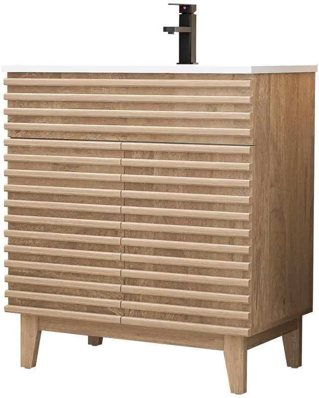 Main image of 30" Bathroom Vanity with Sink Combo, Mid-Century Storage Cabinet with Wood Stripes, Large Sink and Water Saving Faucet, Walnut