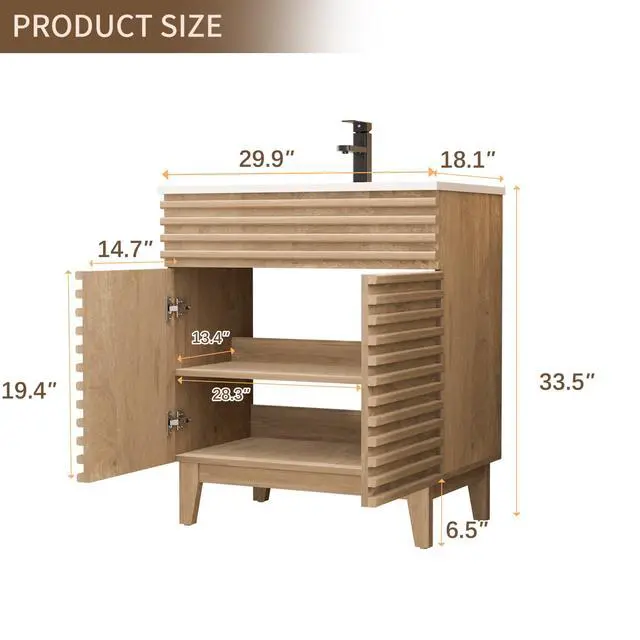 Alt view image 3 of 6 - 30" Bathroom Vanity with Sink Combo, Mid-Century Storage Cabinet with Wood Stripes, Large Sink and Water Saving Faucet, Walnut