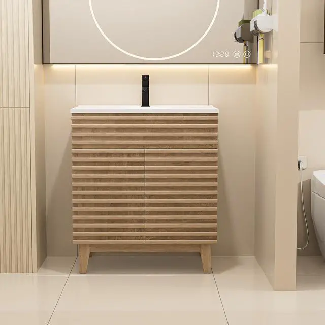 Alt view image 4 of 6 - 30" Bathroom Vanity with Sink Combo, Mid-Century Storage Cabinet with Wood Stripes, Large Sink and Water Saving Faucet, Walnut