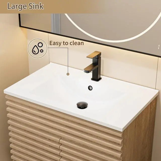 Alt view image 5 of 6 - 30" Bathroom Vanity with Sink Combo, Mid-Century Storage Cabinet with Wood Stripes, Large Sink and Water Saving Faucet, Walnut
