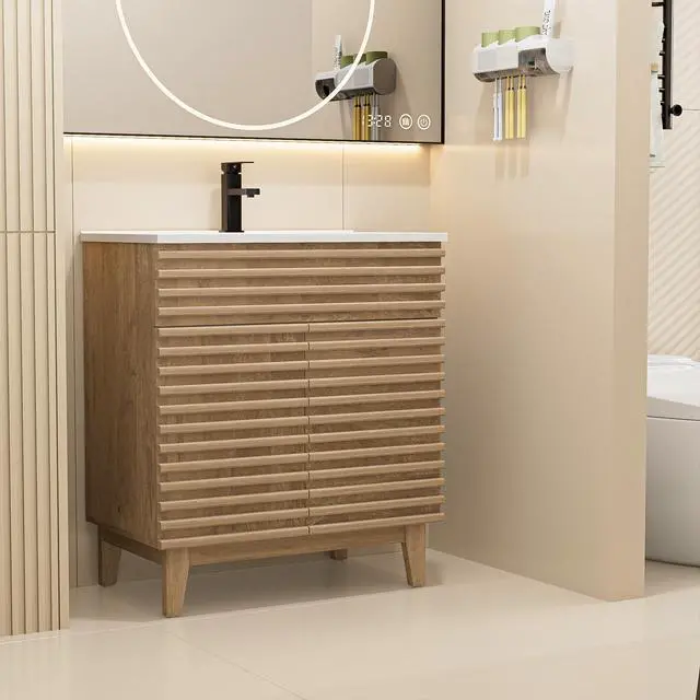 Alt view image 6 of 6 - 30" Bathroom Vanity with Sink Combo, Mid-Century Storage Cabinet with Wood Stripes, Large Sink and Water Saving Faucet, Walnut