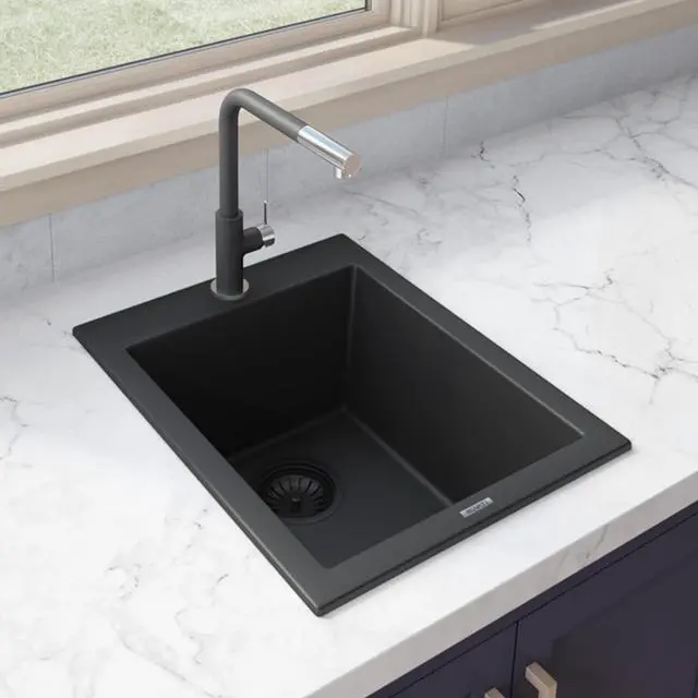 Alt view image 2 of 6 - 16 x 20 inch epiGranite Drop-in Topmount Granite Composite Quartz Single Bowl Wet Bar Prep Sink - Midnight Black - RVG1016BK