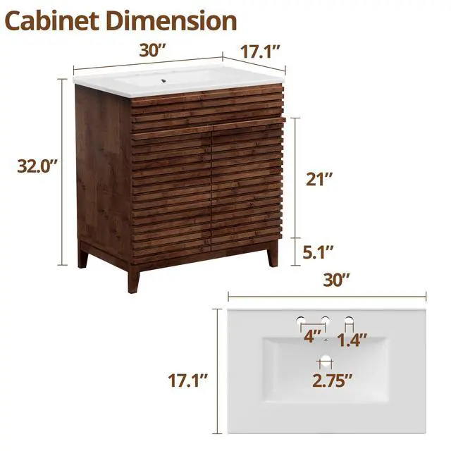Alt view image 2 of 6 - 30" Nature Acacia Bathroom Vanity with 3 Holes Ceramic Sink Combo, Freestanding Vanity Cabinet with 2 Invisible Soft Closing Doors, Acacia Wood Grain