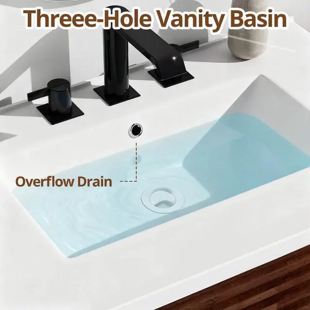 Alt view image 4 of 6 - 30" Nature Acacia Bathroom Vanity with 3 Holes Ceramic Sink Combo, Freestanding Vanity Cabinet with 2 Invisible Soft Closing Doors, Acacia Wood Grain