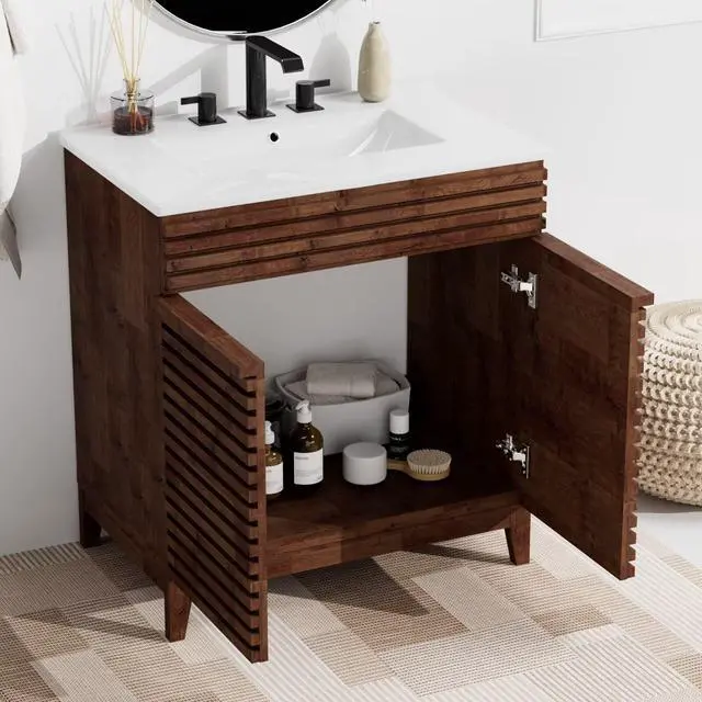 Alt view image 5 of 6 - 30" Nature Acacia Bathroom Vanity with 3 Holes Ceramic Sink Combo, Freestanding Vanity Cabinet with 2 Invisible Soft Closing Doors, Acacia Wood Grain