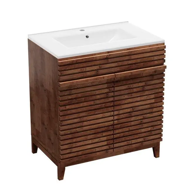 Alt view image 6 of 6 - 30" Nature Acacia Bathroom Vanity with 3 Holes Ceramic Sink Combo, Freestanding Vanity Cabinet with 2 Invisible Soft Closing Doors, Acacia Wood Grain